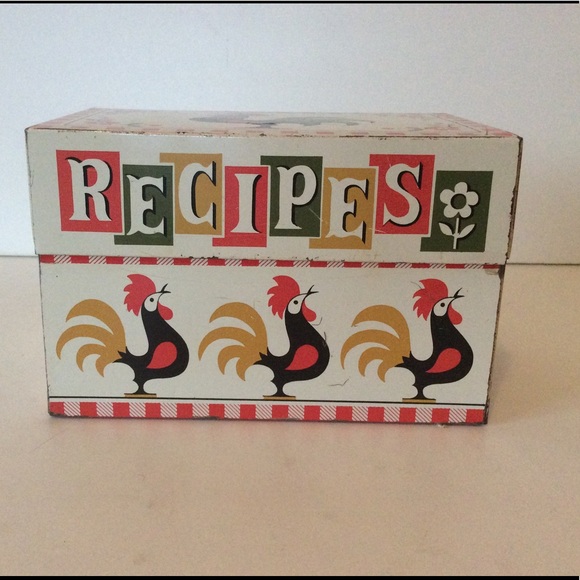 Vintage Metal Recipe Box Roosters 1950s